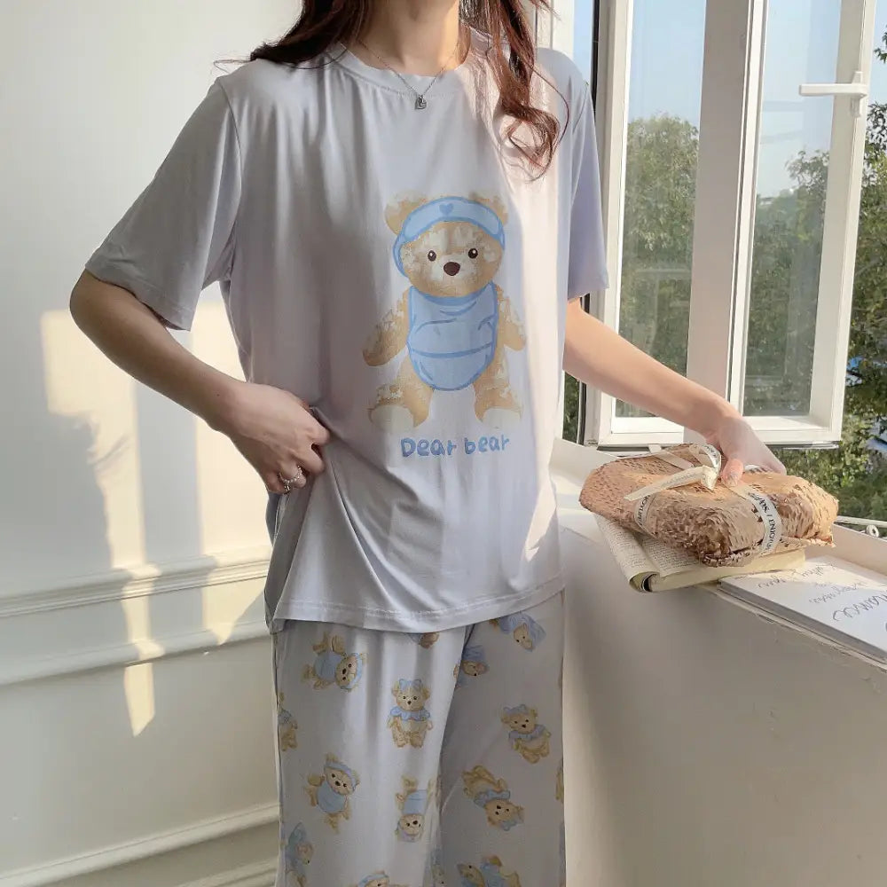 ID1515 モダールコットン かわいいくまさん カジュアル パジャマ ラウンドネック 半袖 ガールズホームウェア タイプ⑦ / フリー レディース＞セットアップ