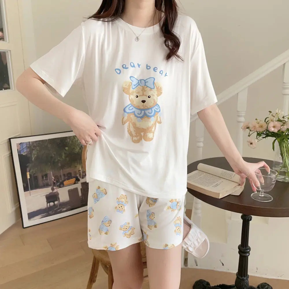 ID1515 モダールコットン かわいいくまさん カジュアル パジャマ ラウンドネック 半袖 ガールズホームウェア タイプ⑤ / フリー レディース＞セットアップ