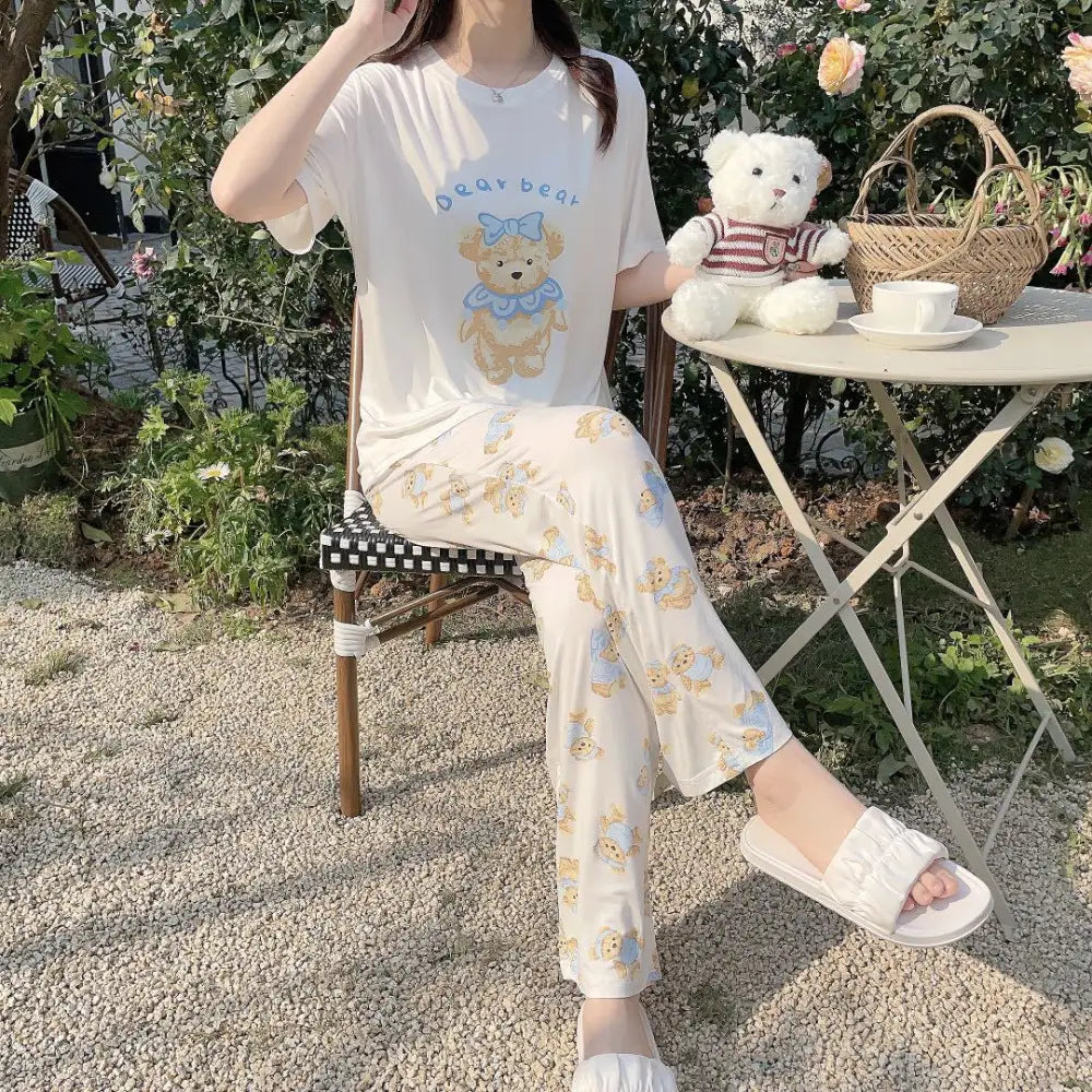ID1515 モダールコットン かわいいくまさん カジュアル パジャマ ラウンドネック 半袖 ガールズホームウェア タイプ⑧ / フリー レディース＞セットアップ