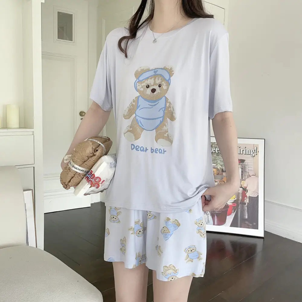 ID1515 モダールコットン かわいいくまさん カジュアル パジャマ ラウンドネック 半袖 ガールズホームウェア タイプ⑥ / フリー レディース＞セットアップ