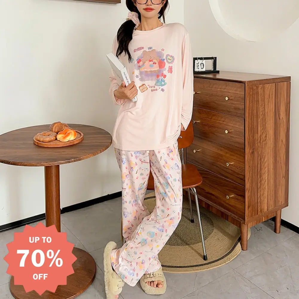 モダールパジャマ 女性用 秋 長袖 長パンツ アリエルクマ 可愛い リラックス ゆったり レディースホームウェア セット 外出用 ID2225