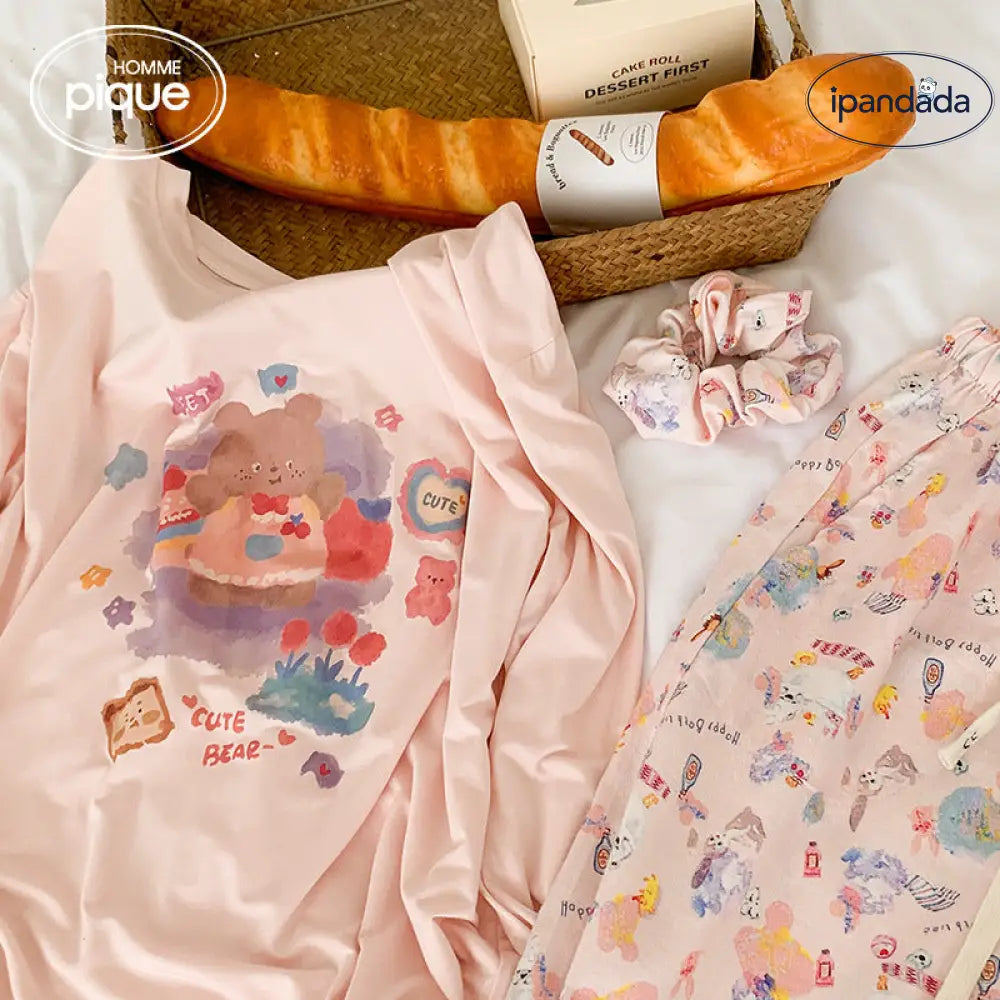 モダールパジャマ 女性用 秋 長袖 長パンツ アリエルクマ 可愛い リラックス ゆったり レディースホームウェア セット 外出用 ID2225