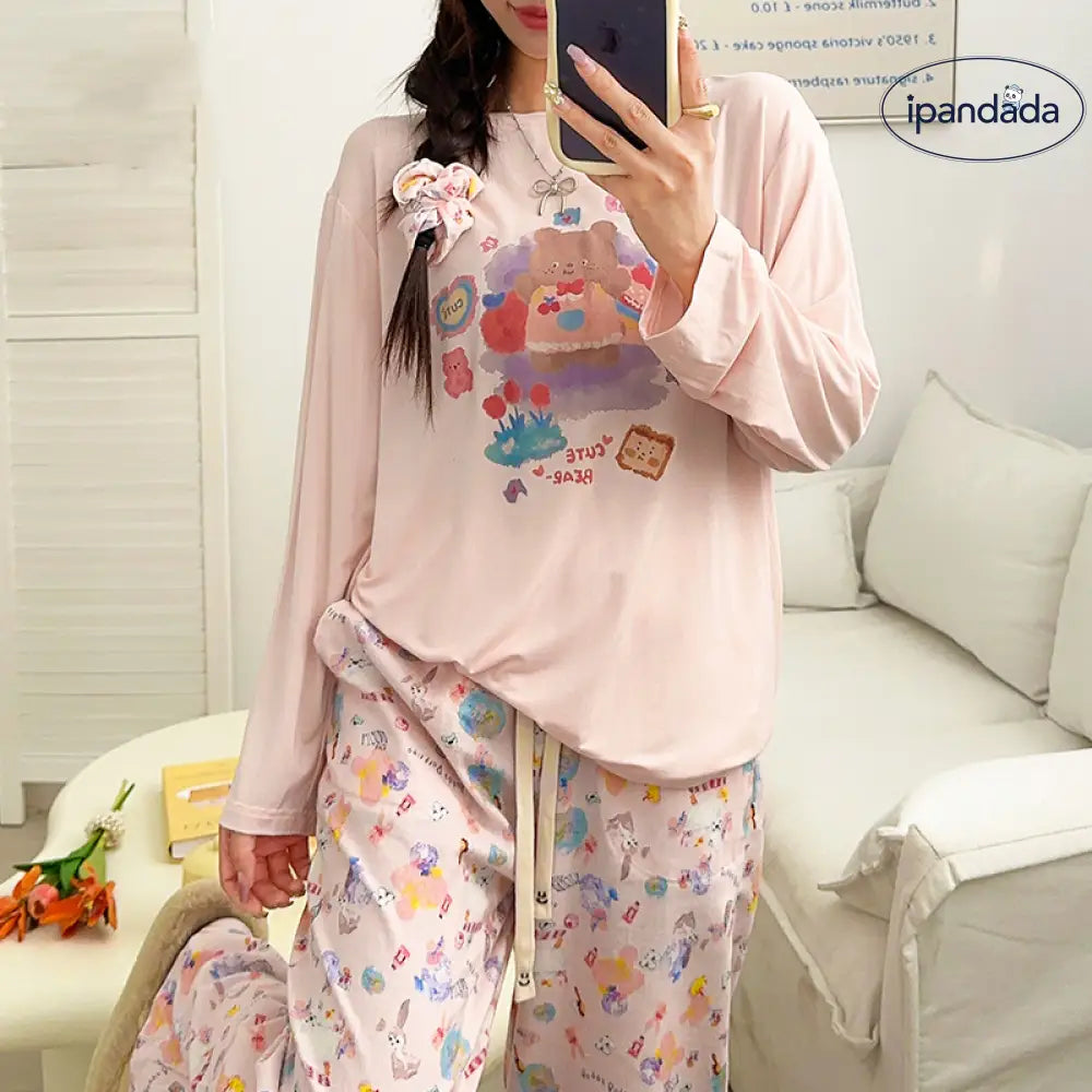 モダールパジャマ 女性用 秋 長袖 長パンツ アリエルクマ 可愛い リラックス ゆったり レディースホームウェア セット 外出用 ID2225