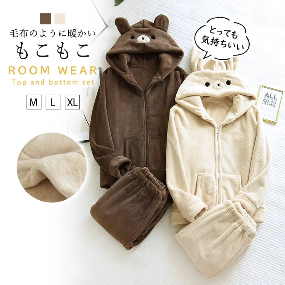 もこもこ メンズ レディース ペアパジャマ カップル ルームウェア 厚手 おしゃれ 部屋着 長袖 ペアルック 熊耳フード付き 可愛い 男女 秋冬 ロングパンツ 恋人 レディース メンズ ID109 カップル＞セットアップ