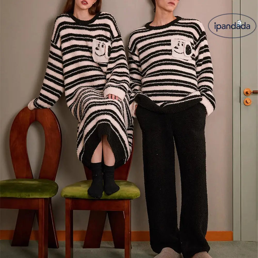 もこもこ ペア パジャマ カップル ルームウェア 冬用 あったか ボーダー デザイン 男女兼用 ロングワンピース セットアップ ふわふわ 柔らかい 部屋着 お揃い かわいい クリスマスプレゼント 2025 カップル クリスマス ギフト