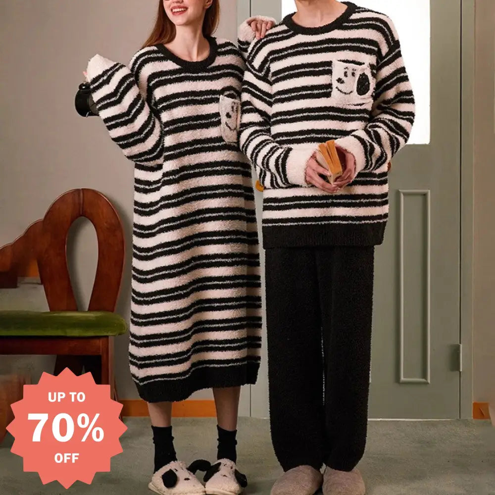 もこもこ ペア パジャマ カップル ルームウェア 冬用 あったか ボーダー デザイン 男女兼用 ロングワンピース セットアップ ふわふわ 柔らかい 部屋着 お揃い かわいい クリスマスプレゼント 2025 カップル クリスマス ギフト