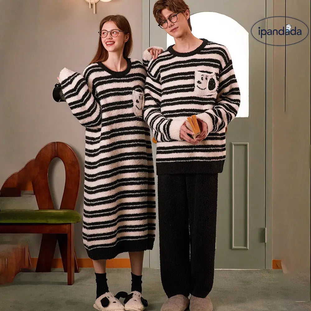 もこもこ ペア パジャマ カップル ルームウェア 冬用 あったか ボーダー デザイン 男女兼用 ロングワンピース セットアップ ふわふわ 柔らかい 部屋着 お揃い かわいい クリスマスプレゼント 2025 カップル クリスマス ギフト
