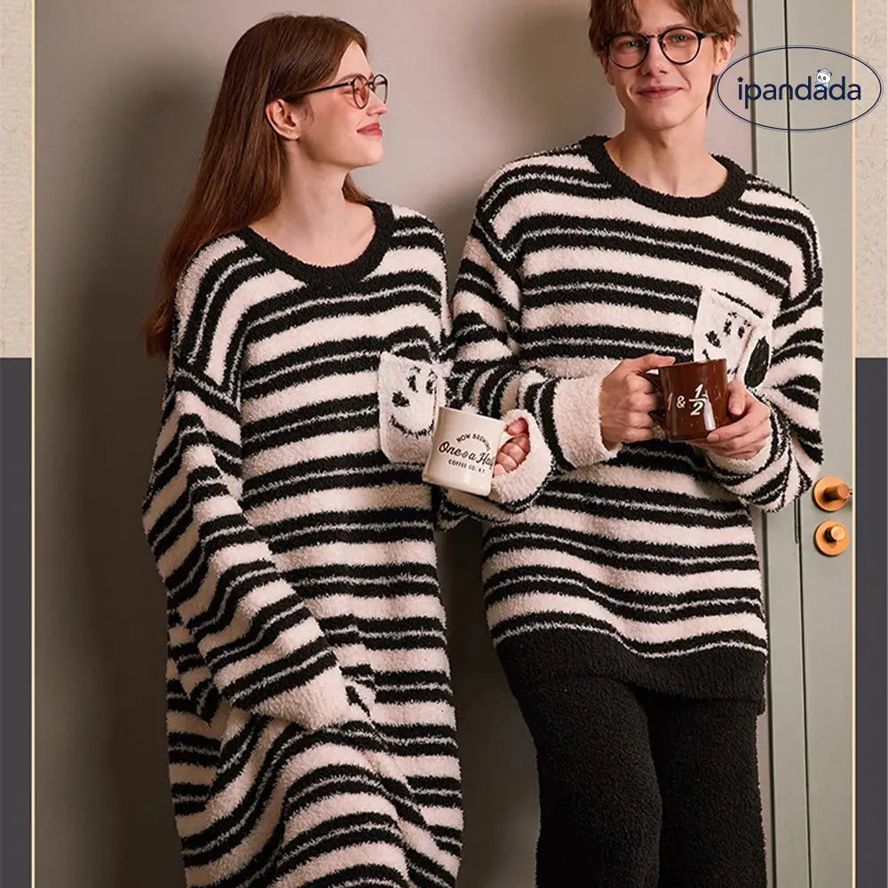 もこもこ ペア パジャマ カップル ルームウェア 冬用 あったか ボーダー デザイン 男女兼用 ロングワンピース セットアップ ふわふわ 柔らかい 部屋着 お揃い かわいい クリスマスプレゼント 2025 カップル クリスマス ギフト