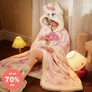 もこもこ ワンピース 柔らかい 猫耳 防寒 秋冬春 部屋着 寝巻き 可愛い ルームウェア 大人用 着る毛布 耳付き 前開き ピンク / M レディース＞ワンピース