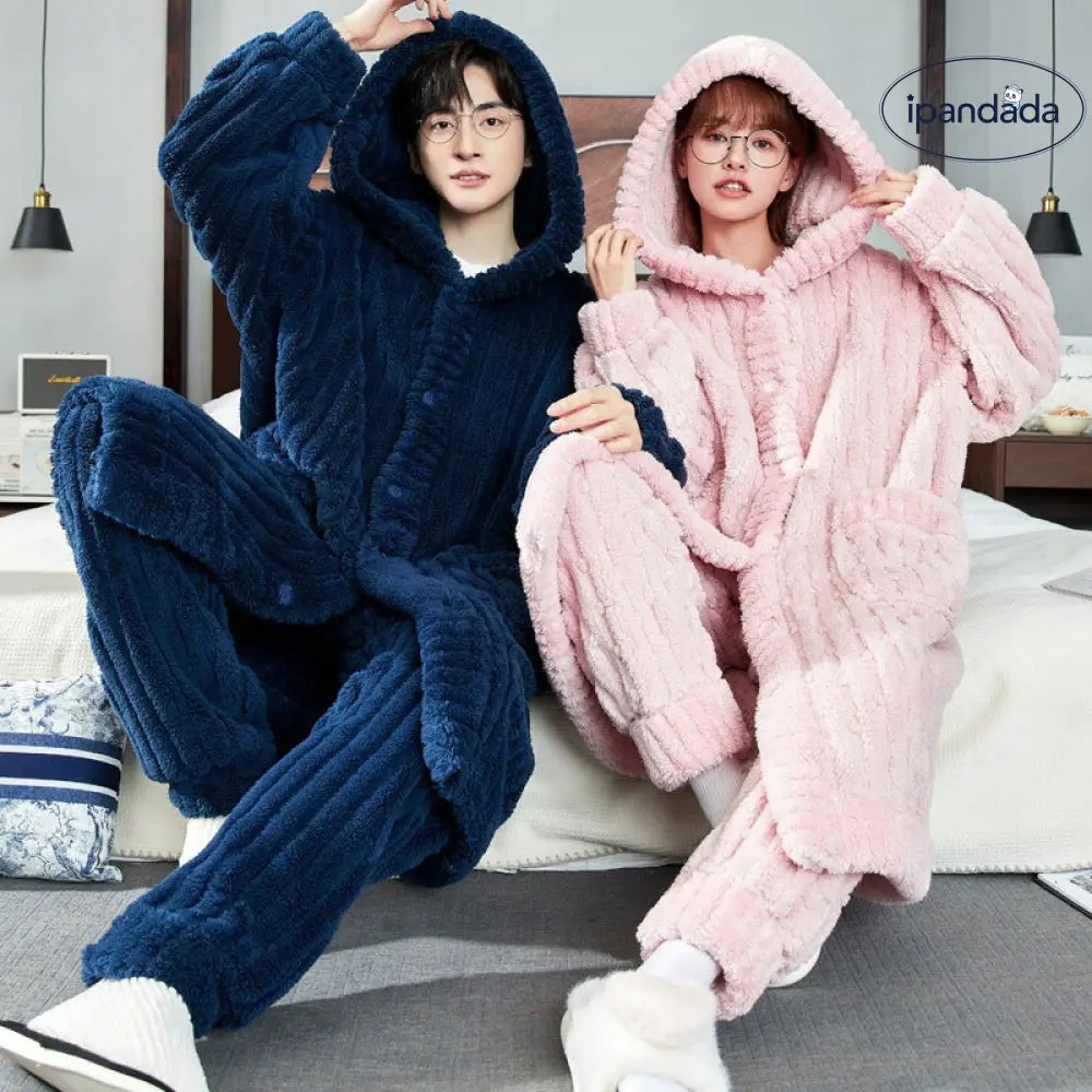 モコモコパジャマ レディース ペア パジャマ 冬 無地 ルームウェア もこもこ 着ぐるみ パジャマ 大人用 前開き フリース ナイトガウン カップル ペア 暖かい ペアパジャマ メンズ カップル 秋冬 夫婦 フード付き 結婚祝い ナイトウェア 修学旅行 寝間着 部屋着 カップル ペア ID2900