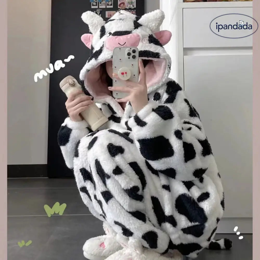 奶牛 珊瑚フリース パジャマ レディース 秋冬 フリース裏起毛 厚手 かわいい フランネル ホームウェア セットアップ 暖かい 柔らかい 保温 快適 おしゃれ ルームウェア 自宅用 リラックス レディース用 着心地 ナチュラル ゆったり　ID2486