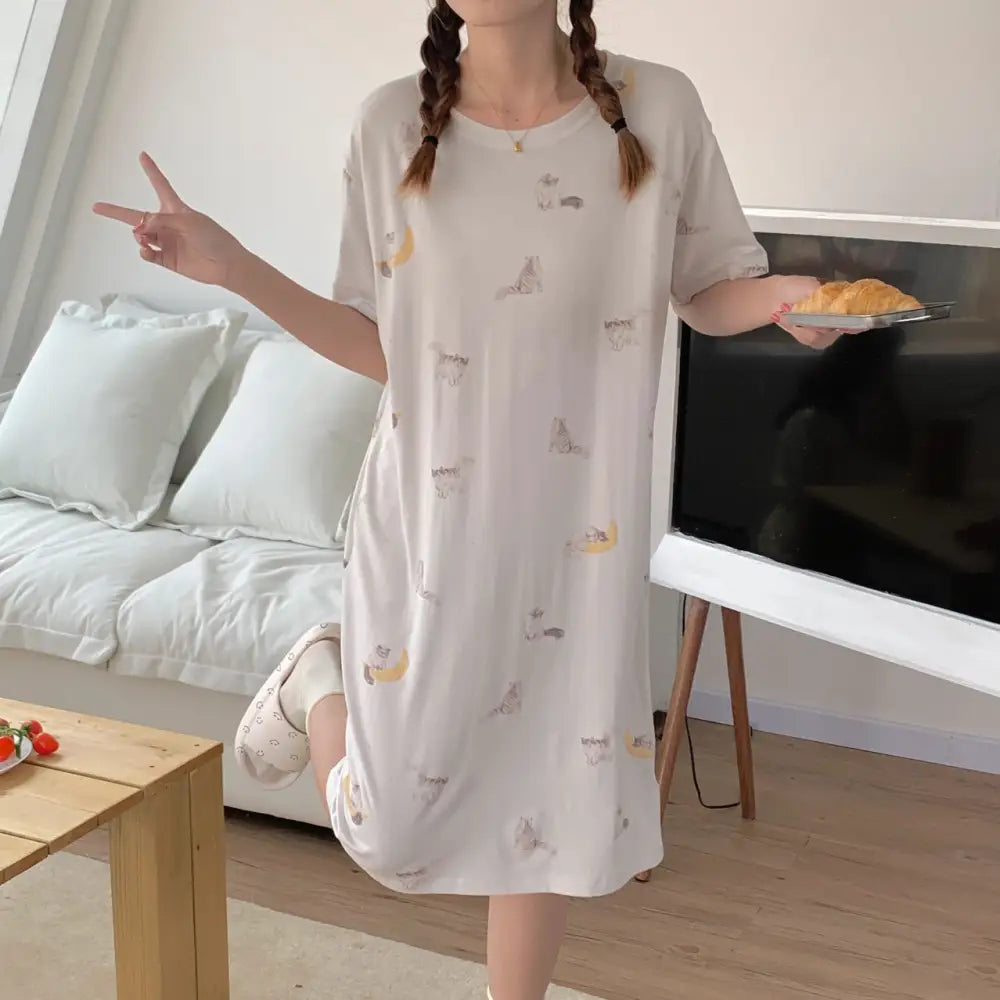 ID865 ナイトドレス レディース 春 夏 新作 和風 キュート 月と子猫 プリント モダール ロング丈 ホームウェア ルームウェア 部屋着 写真通り / フリー レディース＞ワンピース