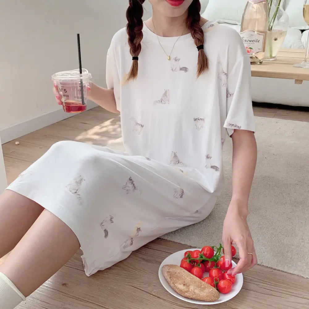 ID865 ナイトドレス レディース 春 夏 新作 和風 キュート 月と子猫 プリント モダール ロング丈 ホームウェア ルームウェア 部屋着 写真通り / フリー レディース＞ワンピース