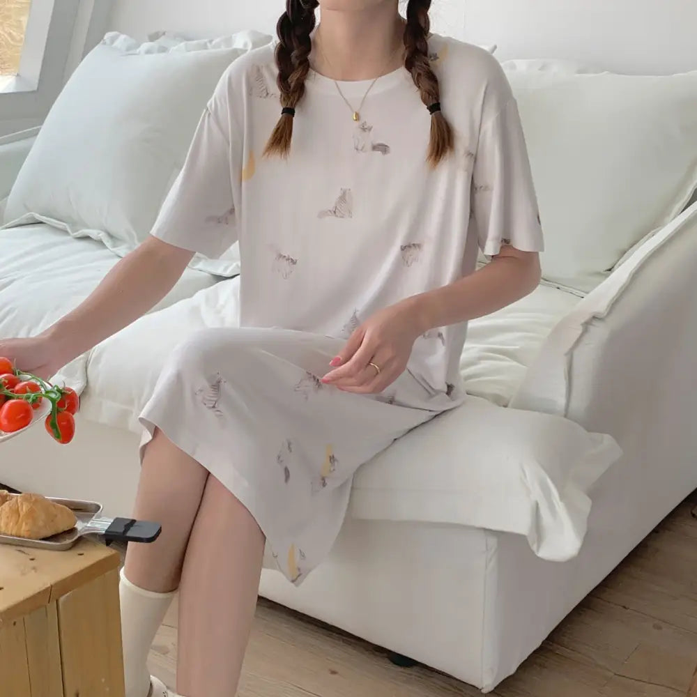ID865 ナイトドレス レディース 春 夏 新作 和風 キュート 月と子猫 プリント モダール ロング丈 ホームウェア ルームウェア 部屋着 写真通り / フリー レディース＞ワンピース