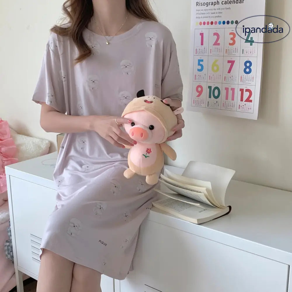 ID859 ナイトドレス レディース 春 夏 新作 モダール ビション・フリーゼ プリント インスタ風 キュート 半袖 ホームウェア ルームウェア 部屋着 ピンク / フリー レディース＞ワンピース