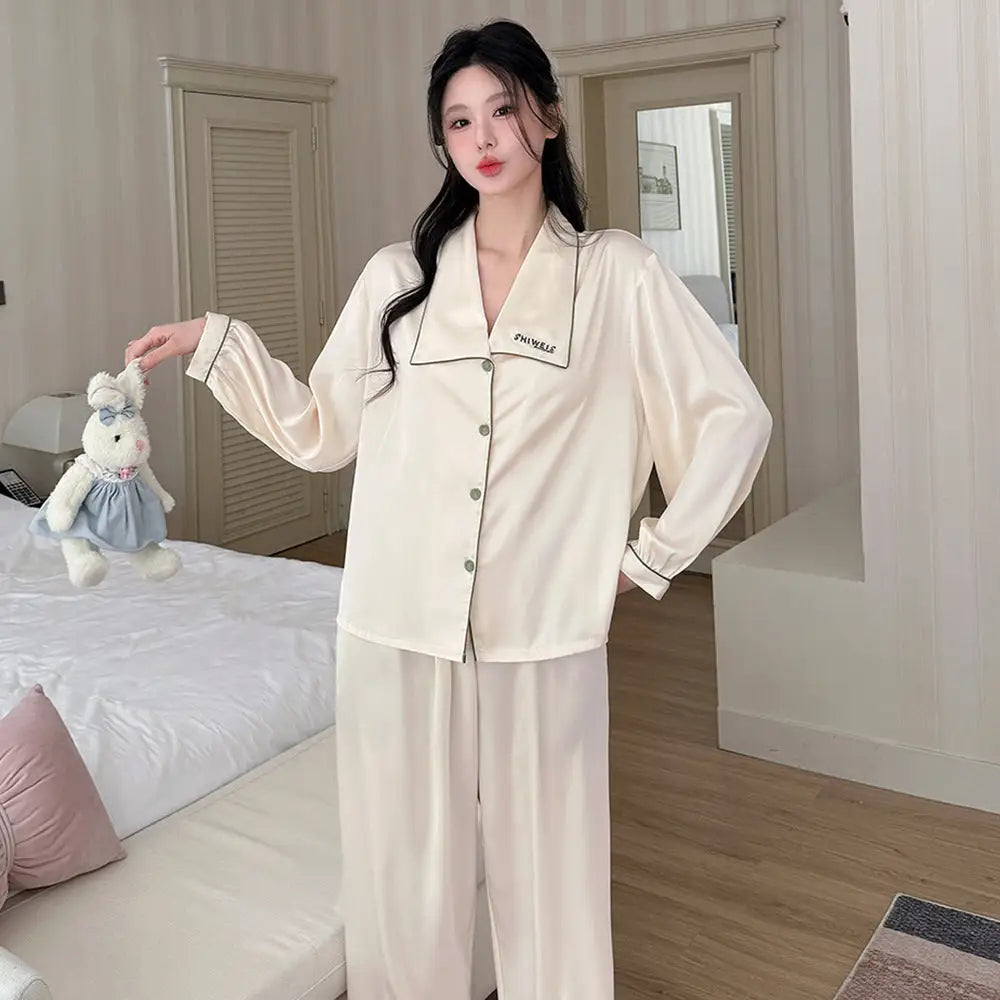 刺繍 アイスシルク パジャマ 女性用 春秋 長袖 カーディガン 軽量 ルームウェアセット ID4659 - アプリコット / L