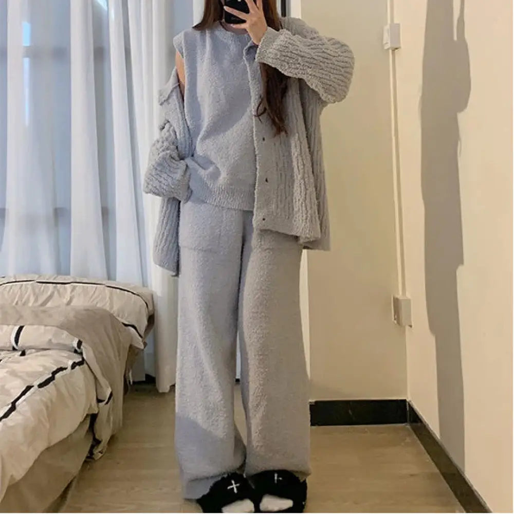 ナイトウェア 前開き 上下セット 部屋着 寝間着 可愛い サスペンダー フリース パジャマ レディース 冬 新作 厚手 保温 ルームウェア 3点セット ID3954 ブルー / S レディース＞セットアップ