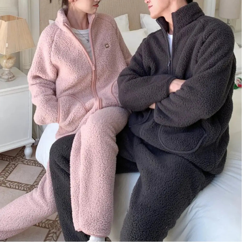 男女兼用 厚手 カップル パジャマ シアリング フリース ルームウェア 女性 冬用 保温 ハイカラー ジップ アウターセット ID2867