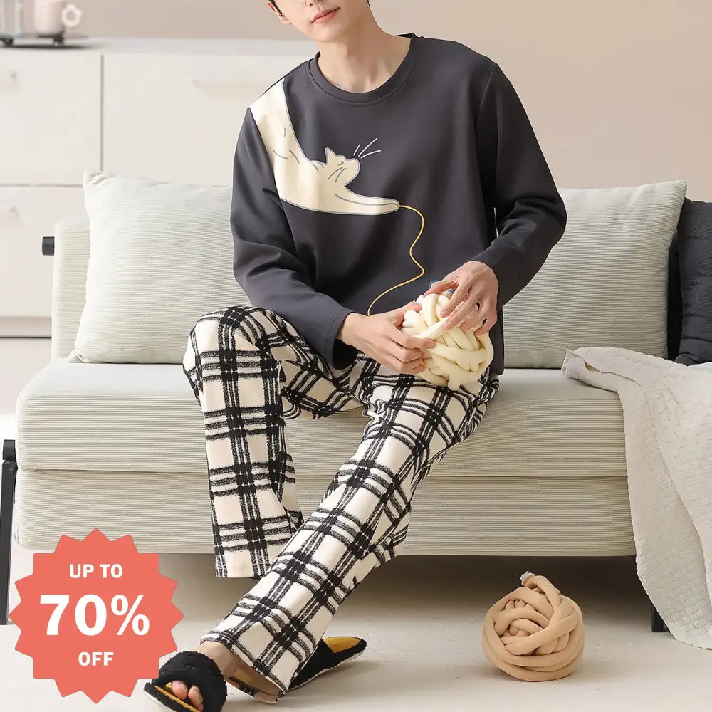 男性用 純綿 パジャマ 春秋冬モデル ゆったりフィット リラックススタイル 高級感デザイン ホームウェアセット ID3143