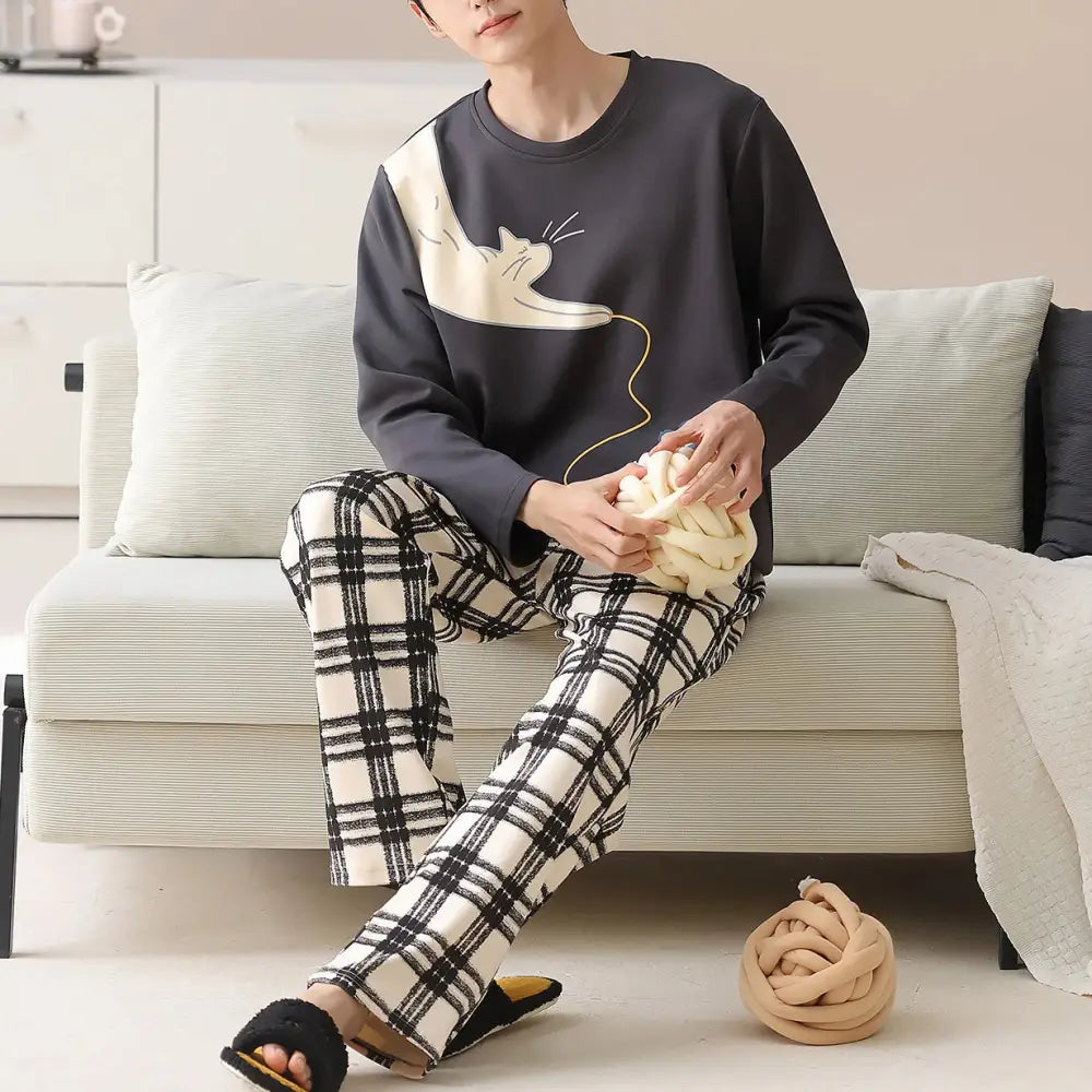 男性用 純綿 パジャマ 春秋冬モデル ゆったりフィット リラックススタイル 高級感デザイン ホームウェアセット ID3143