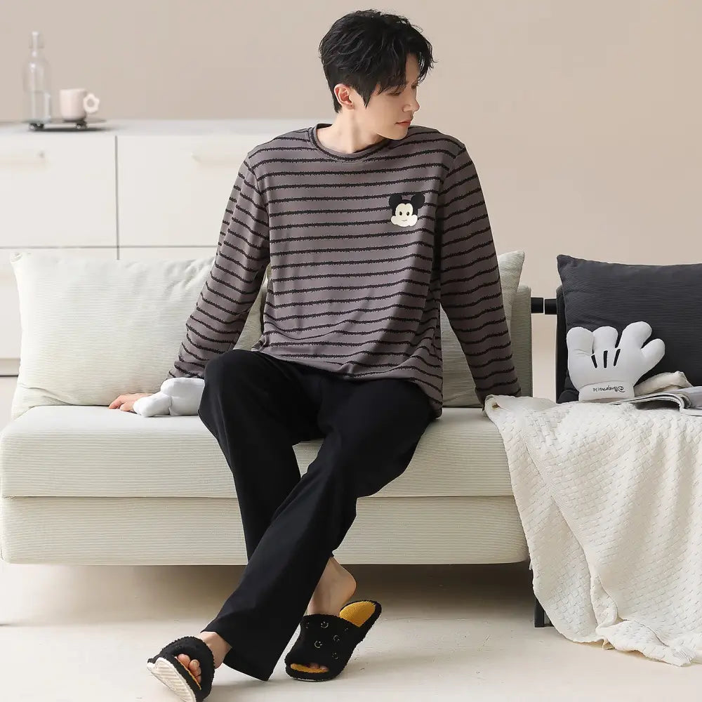 男性用 純綿 パジャマ 春秋冬モデル ゆったりフィット リラックススタイル 高級感デザイン ホームウェアセット ID3143 タイプ② / L