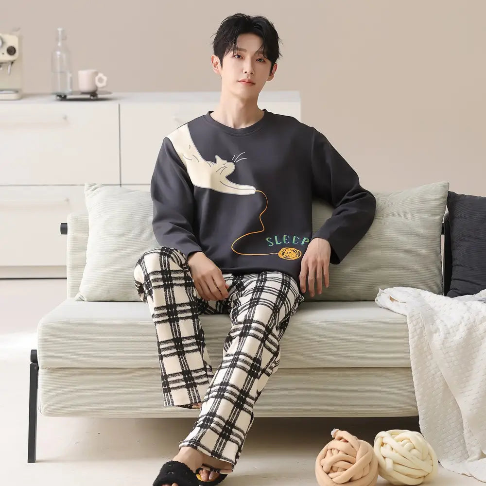 男性用 純綿 パジャマ 春秋冬モデル ゆったりフィット リラックススタイル 高級感デザイン ホームウェアセット ID3143 タイプ① / L