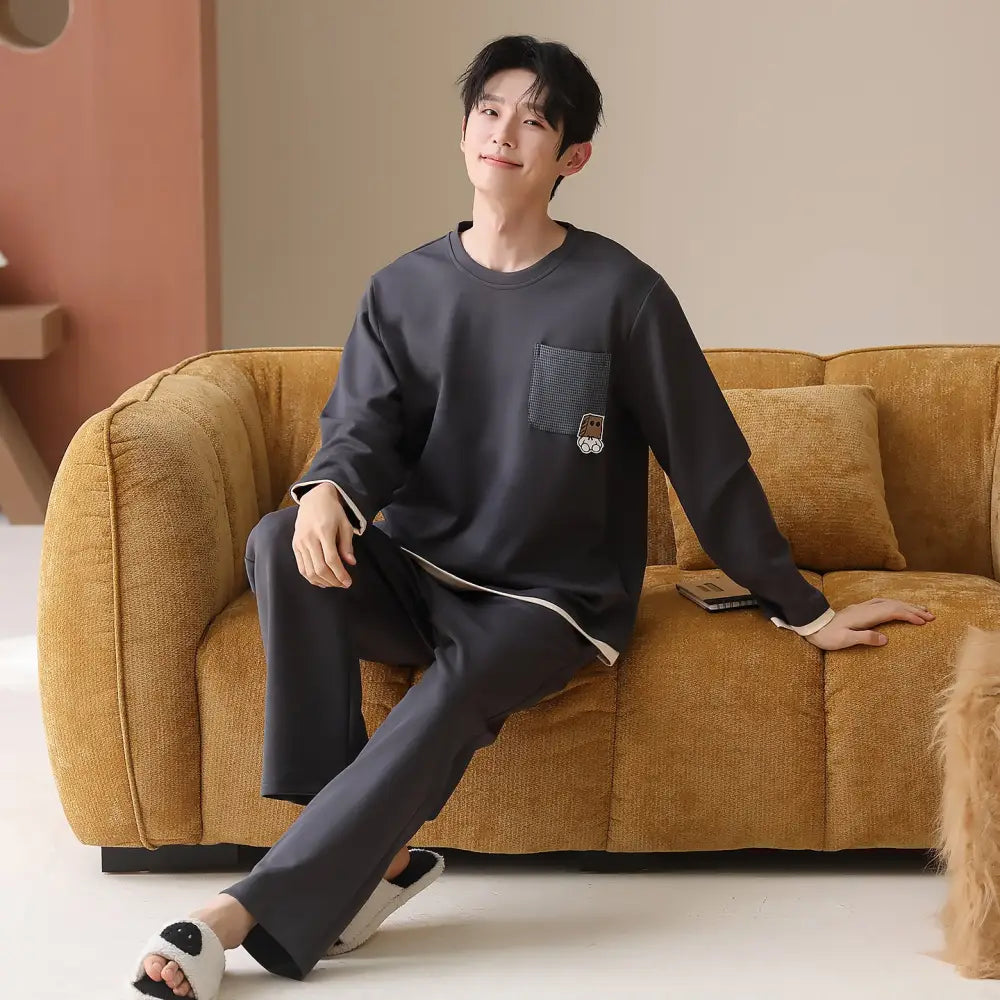 男性用 純綿 パジャマ 春秋冬モデル ゆったりフィット リラックススタイル 高級感デザイン ホームウェアセット ID3143 タイプ⑦ / L
