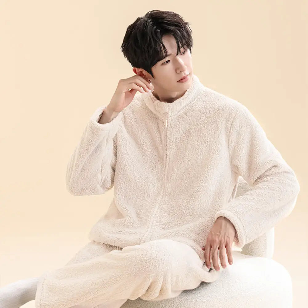 男性用 コーラルフリース パジャマ 秋冬モデル ルーズフィット 保温 ファスナー付き ホームウェアセット ID3091 アイボリー / L