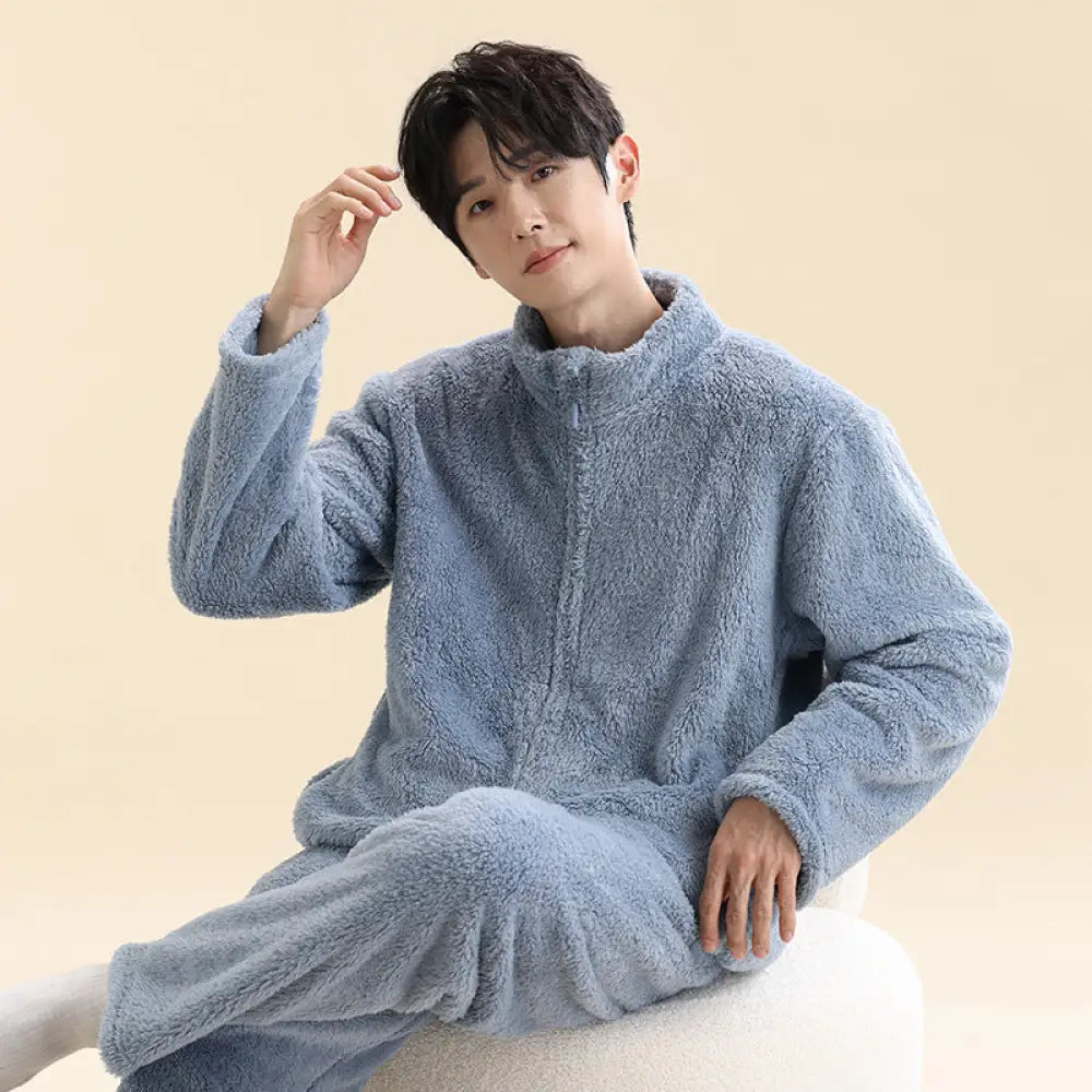 男性用 コーラルフリース パジャマ 秋冬モデル ルーズフィット 保温 ファスナー付き ホームウェアセット ID3091 ブルー / L