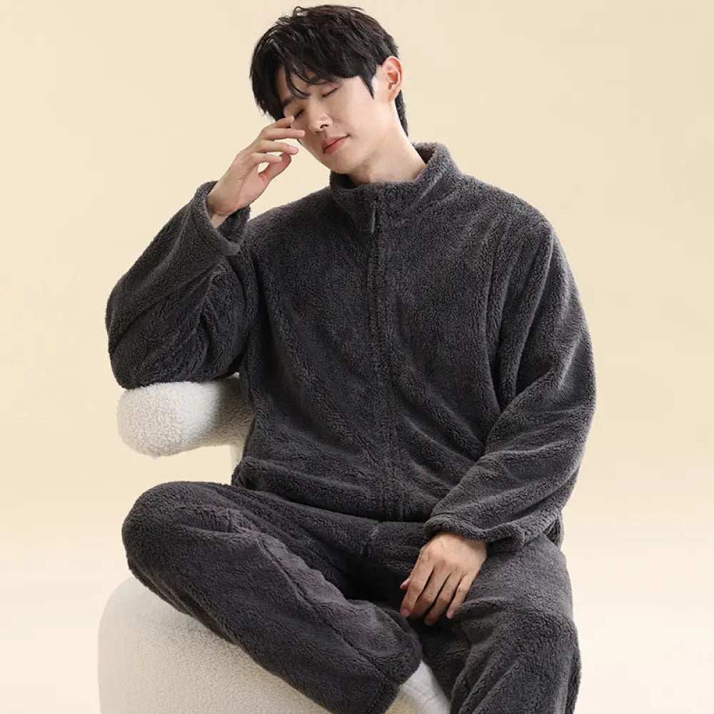 男性用 コーラルフリース パジャマ 秋冬モデル ルーズフィット 保温 ファスナー付き ホームウェアセット ID3091 ダークグレー / L