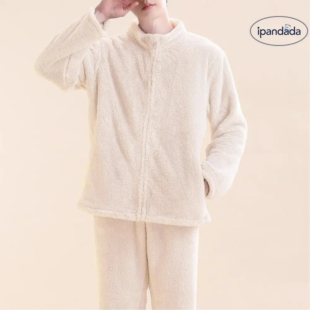 男性用 コーラルフリース パジャマ 秋冬モデル ルーズフィット 保温 ファスナー付き ホームウェアセット ID3091