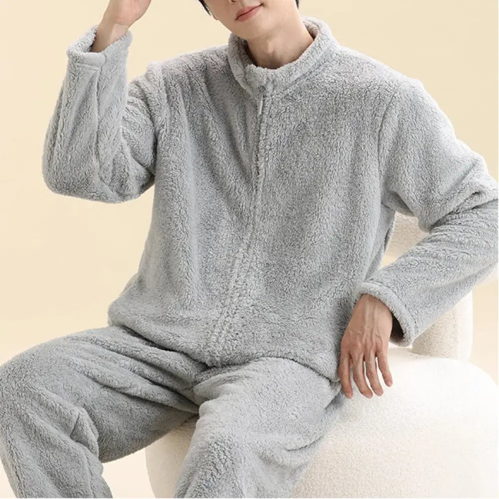 男性用 コーラルフリース パジャマ 秋冬モデル ルーズフィット 保温 ファスナー付き ホームウェアセット ID3091