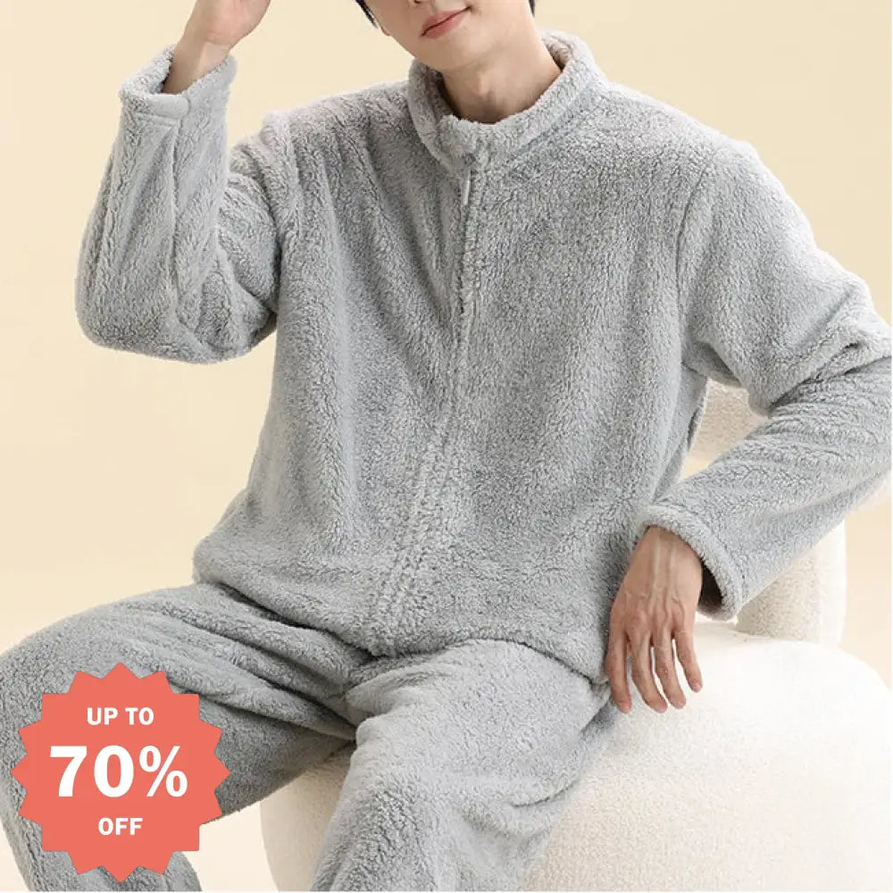 男性用 コーラルフリース パジャマ 秋冬モデル ルーズフィット 保温 ファスナー付き ホームウェアセット ID3091