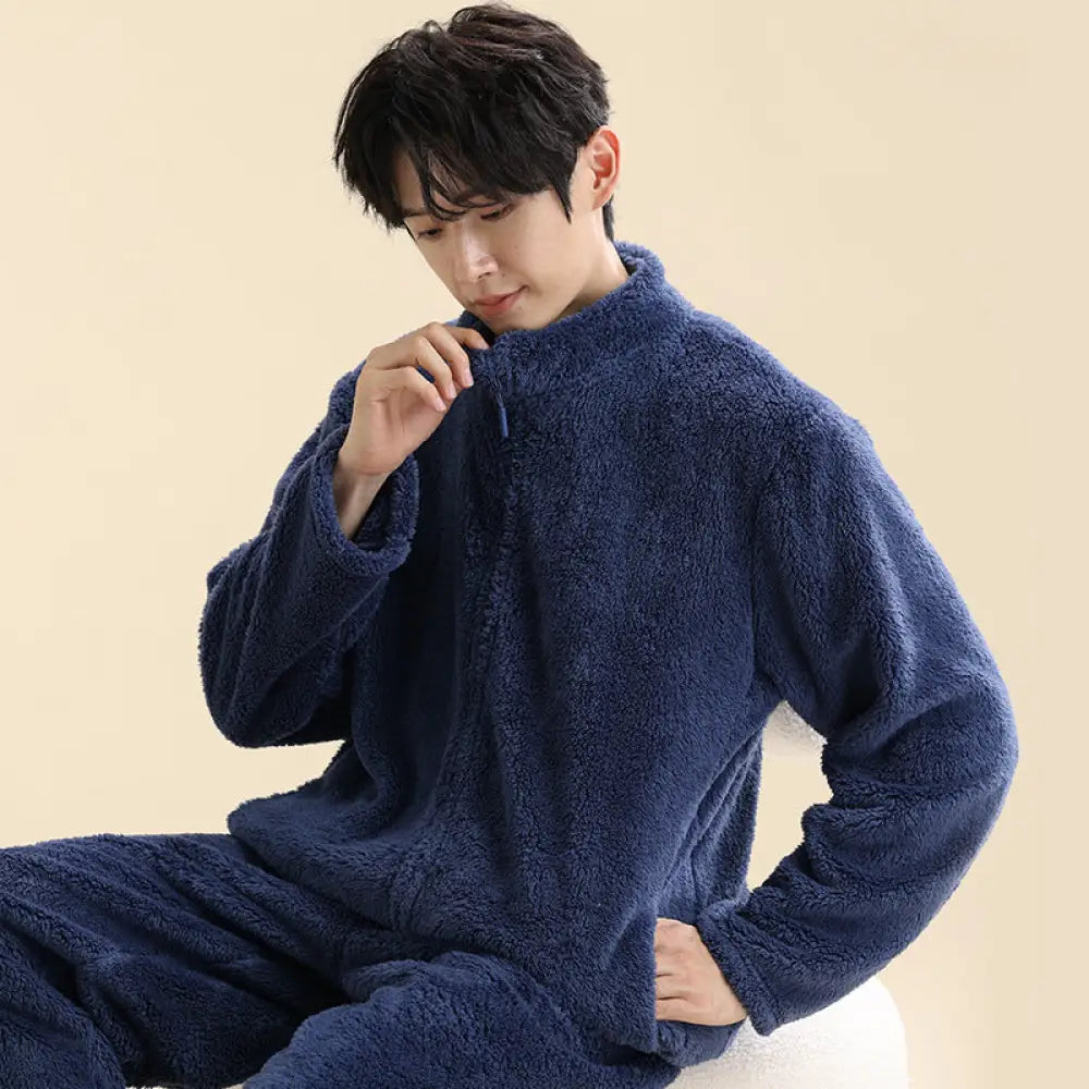 男性用 コーラルフリース パジャマ 秋冬モデル ルーズフィット 保温 ファスナー付き ホームウェアセット ID3091 ネイビー / L