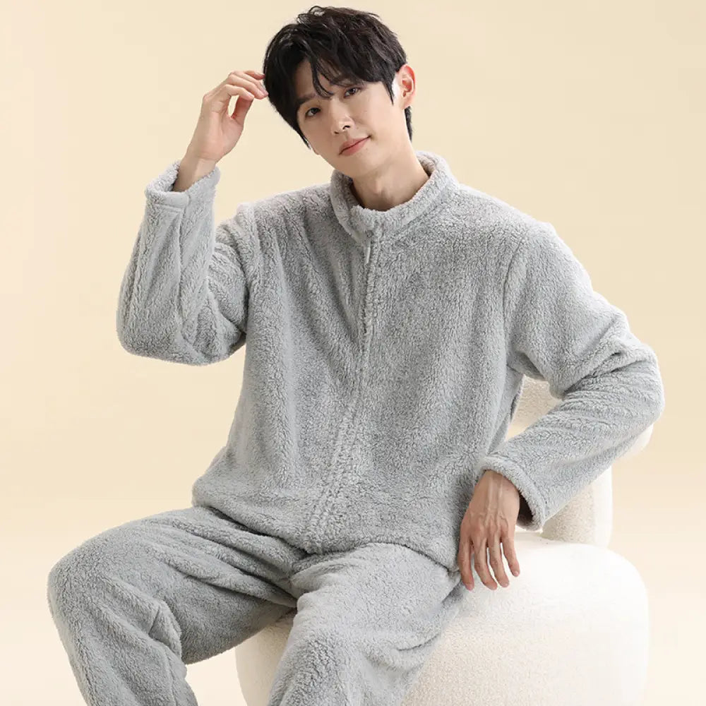 男性用 コーラルフリース パジャマ 秋冬モデル ルーズフィット 保温 ファスナー付き ホームウェアセット ID3091 ライトグレー / L
