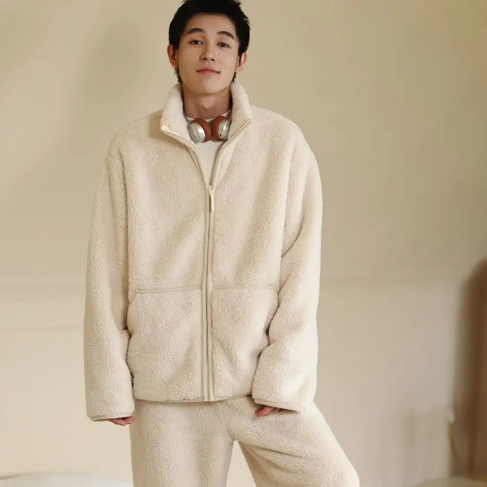 男性用 パジャマ 冬季 新作 暖かいフリース 起毛加厚 保温 リラックススタイル ホームウェアセット ID3095 アイボリー / フリー メンズ＞セットアップ