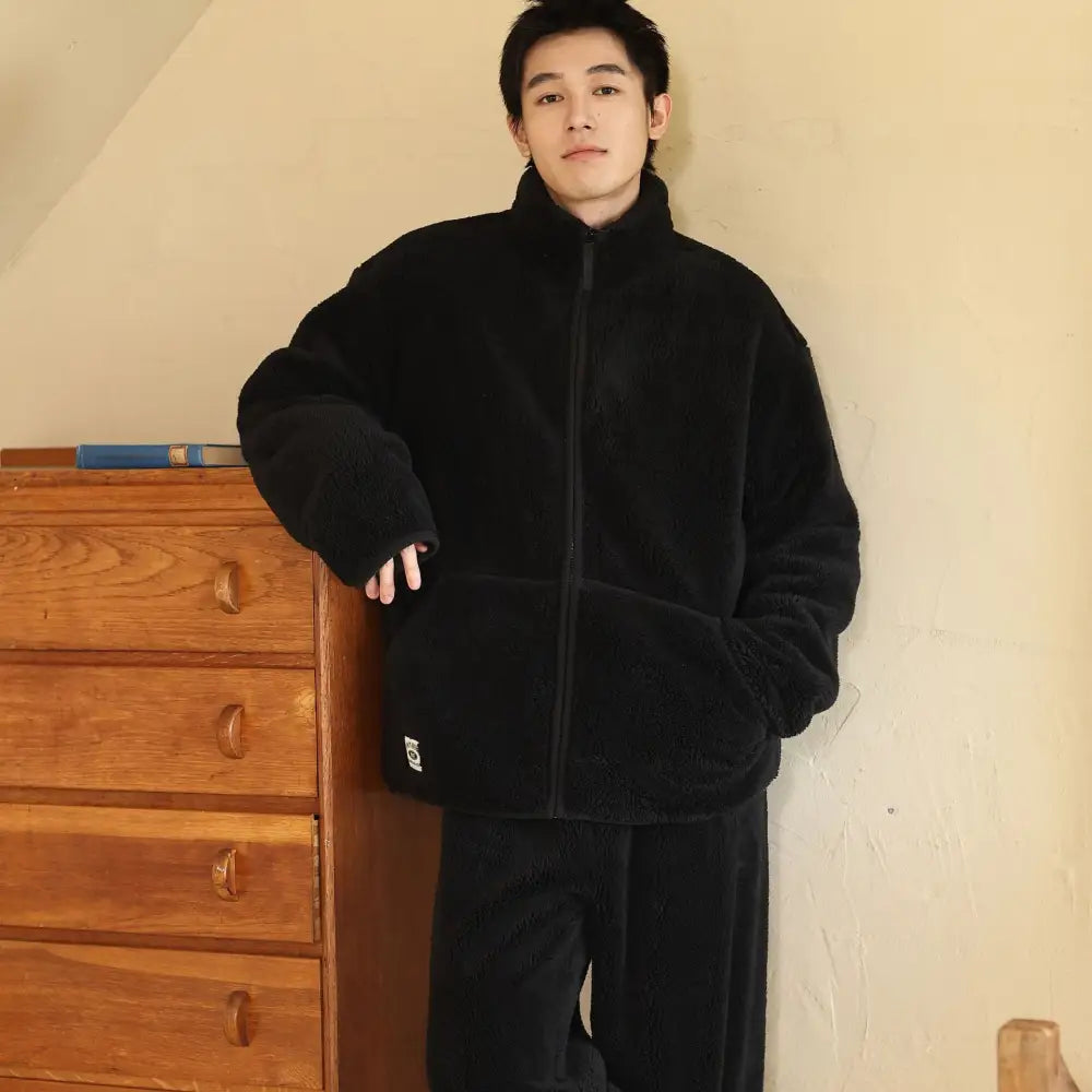男性用 パジャマ 冬季 新作 暖かいフリース 起毛加厚 保温 リラックススタイル ホームウェアセット ID3095 ブラック / フリー メンズ＞セットアップ