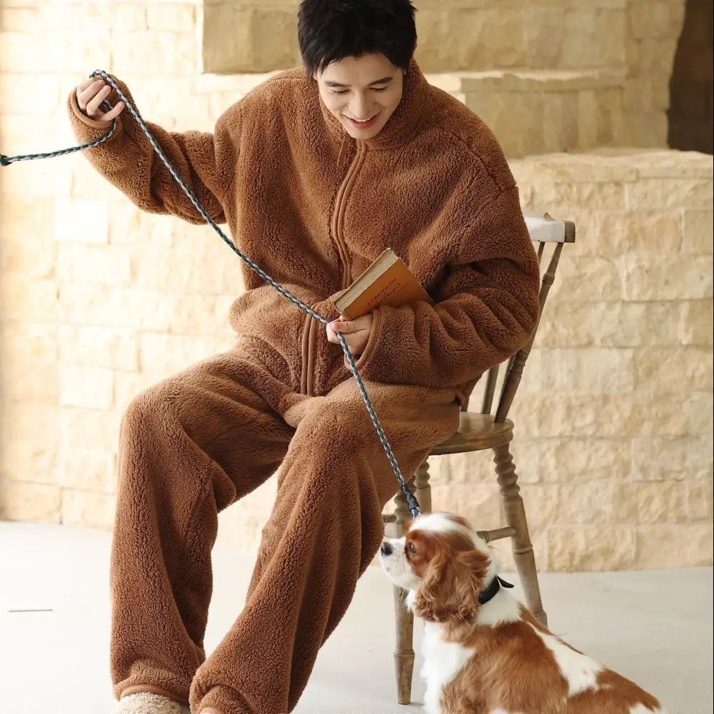 男性用 パジャマ 冬季 新作 暖かいフリース 起毛加厚 保温 リラックススタイル ホームウェアセット ID3095 ブラウン / フリー メンズ＞セットアップ