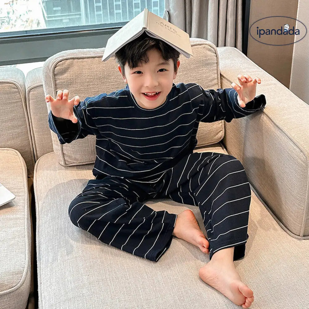 男の子 ストライプ ホームウェア セットアップ 春秋 韓国風 カジュアル ゆったり 長袖 プルオーバー パジャマ パンツ 快適 柔らかい おしゃれ ルームウェア ID4011 ベビー＆キッズ