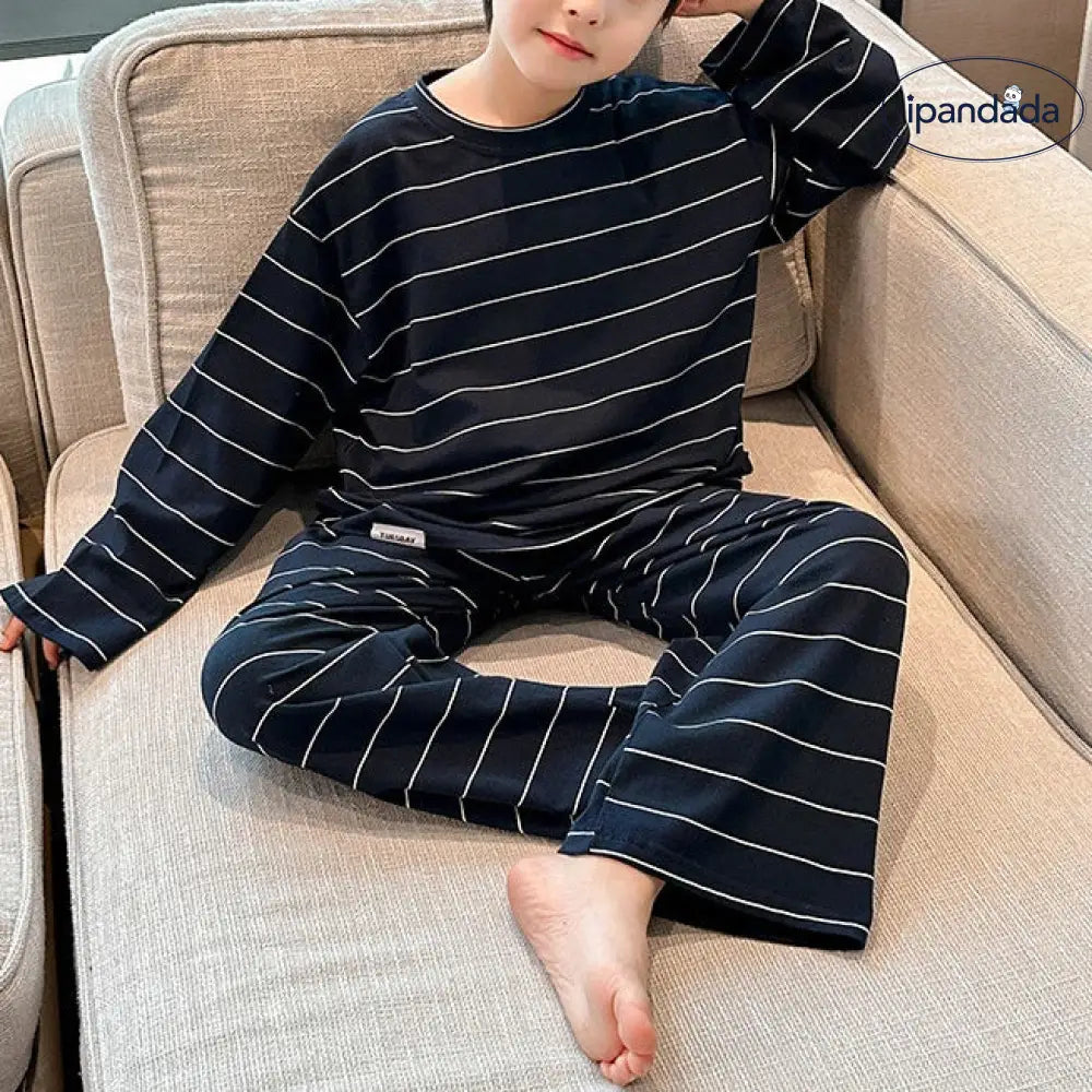 男の子 ストライプ ホームウェア セットアップ 春秋 韓国風 カジュアル ゆったり 長袖 プルオーバー パジャマ パンツ 快適 柔らかい おしゃれ ルームウェア ID4011 ベビー＆キッズ