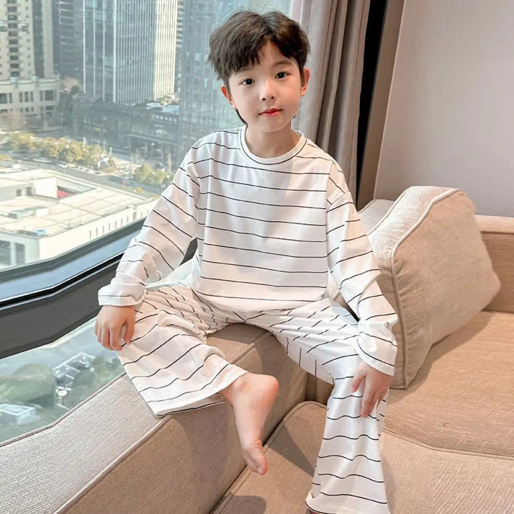 男の子 ストライプ ホームウェア セットアップ 春秋 韓国風 カジュアル ゆったり 長袖 プルオーバー パジャマ パンツ 快適 柔らかい おしゃれ ルームウェア ID4011 ホワイト / 90cm ベビー＆キッズ