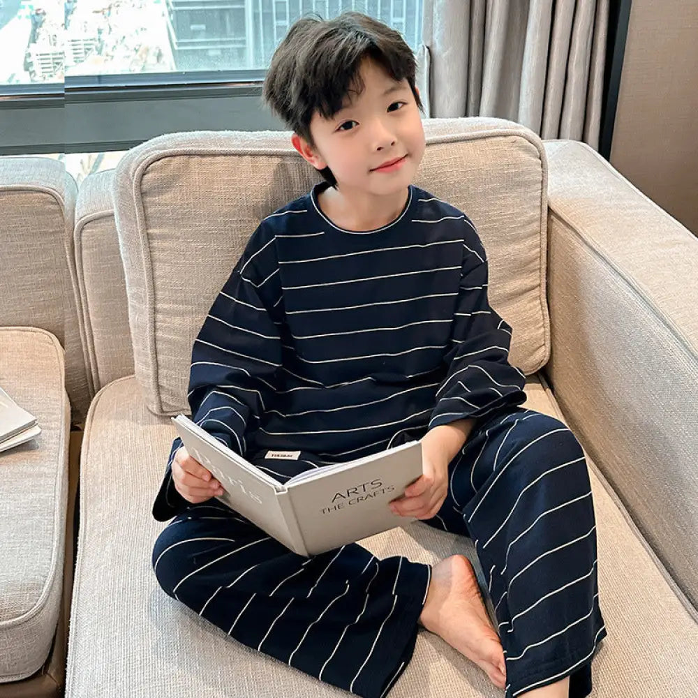 男の子 ストライプ ホームウェア セットアップ 春秋 韓国風 カジュアル ゆったり 長袖 プルオーバー パジャマ パンツ 快適 柔らかい おしゃれ ルームウェア ID4011 ネイビー / 90cm ベビー＆キッズ