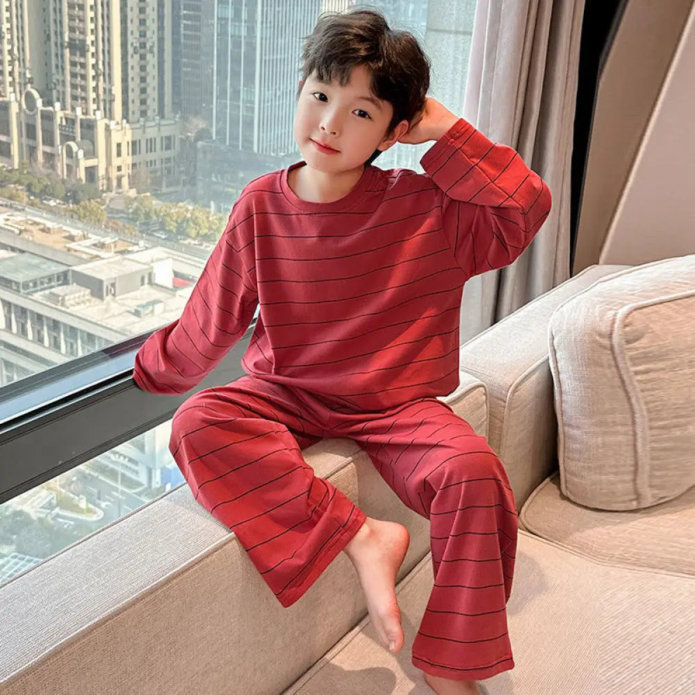 男の子 ストライプ ホームウェア セットアップ 春秋 韓国風 カジュアル ゆったり 長袖 プルオーバー パジャマ パンツ 快適 柔らかい おしゃれ ルームウェア ID4011 レッド / 90cm ベビー＆キッズ