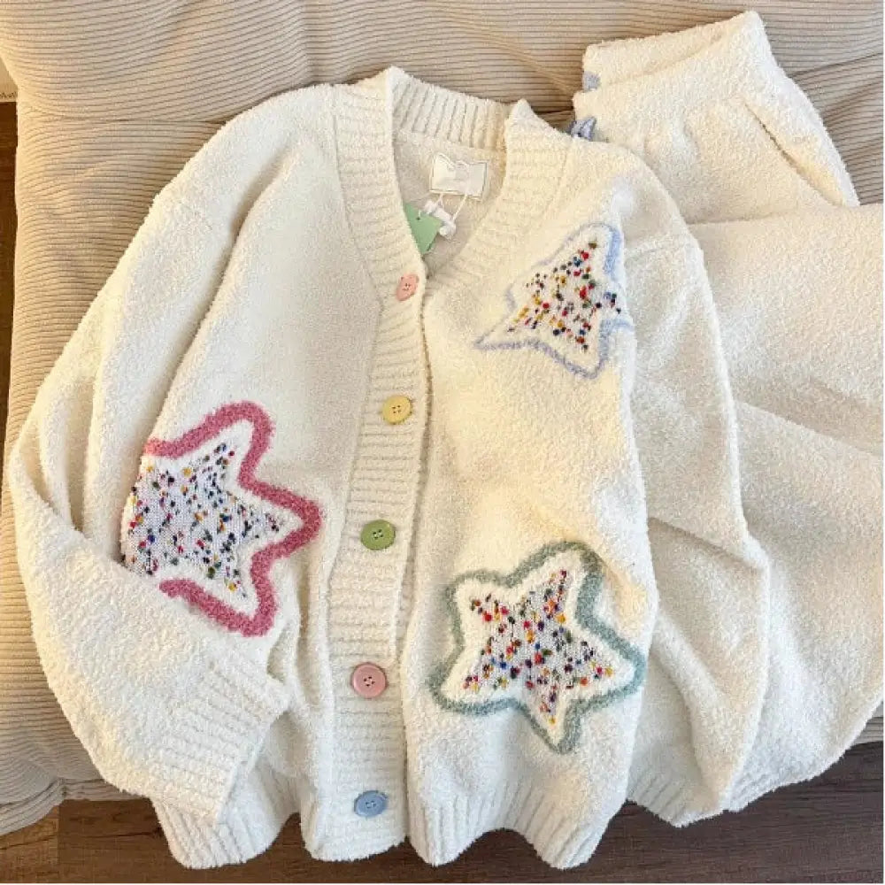 ニット フリース パジャマ レディース 秋冬 新作 厚手 大きいサイズ ルームウェア セット ID3228 ホワイト / S