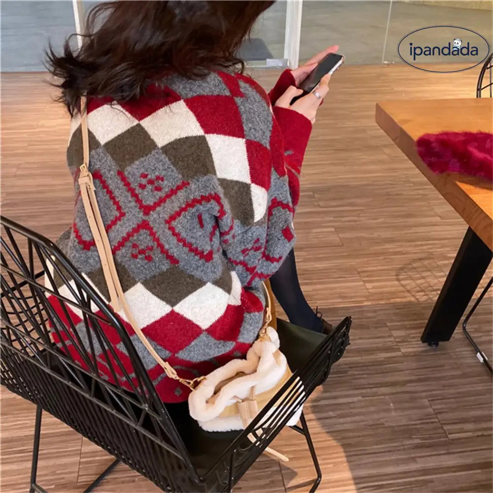 ニットセーター レディース 秋冬 トップス 長袖 ノルディック セーター 伸縮性 ストレッチ ゆったり リラックス プルオーバー ハイネック ニットソー ゆるニット ドロップショルダー 襟 裾 袖口 リブ ハーリキンチェック ID2823