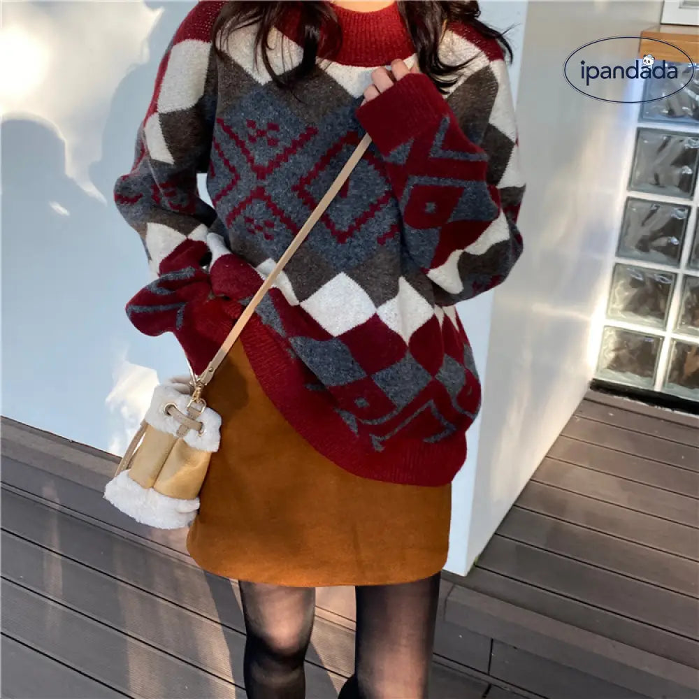 ニットセーター レディース 秋冬 トップス 長袖 ノルディック セーター 伸縮性 ストレッチ ゆったり リラックス プルオーバー ハイネック ニットソー ゆるニット ドロップショルダー 襟 裾 袖口 リブ ハーリキンチェック ID2823