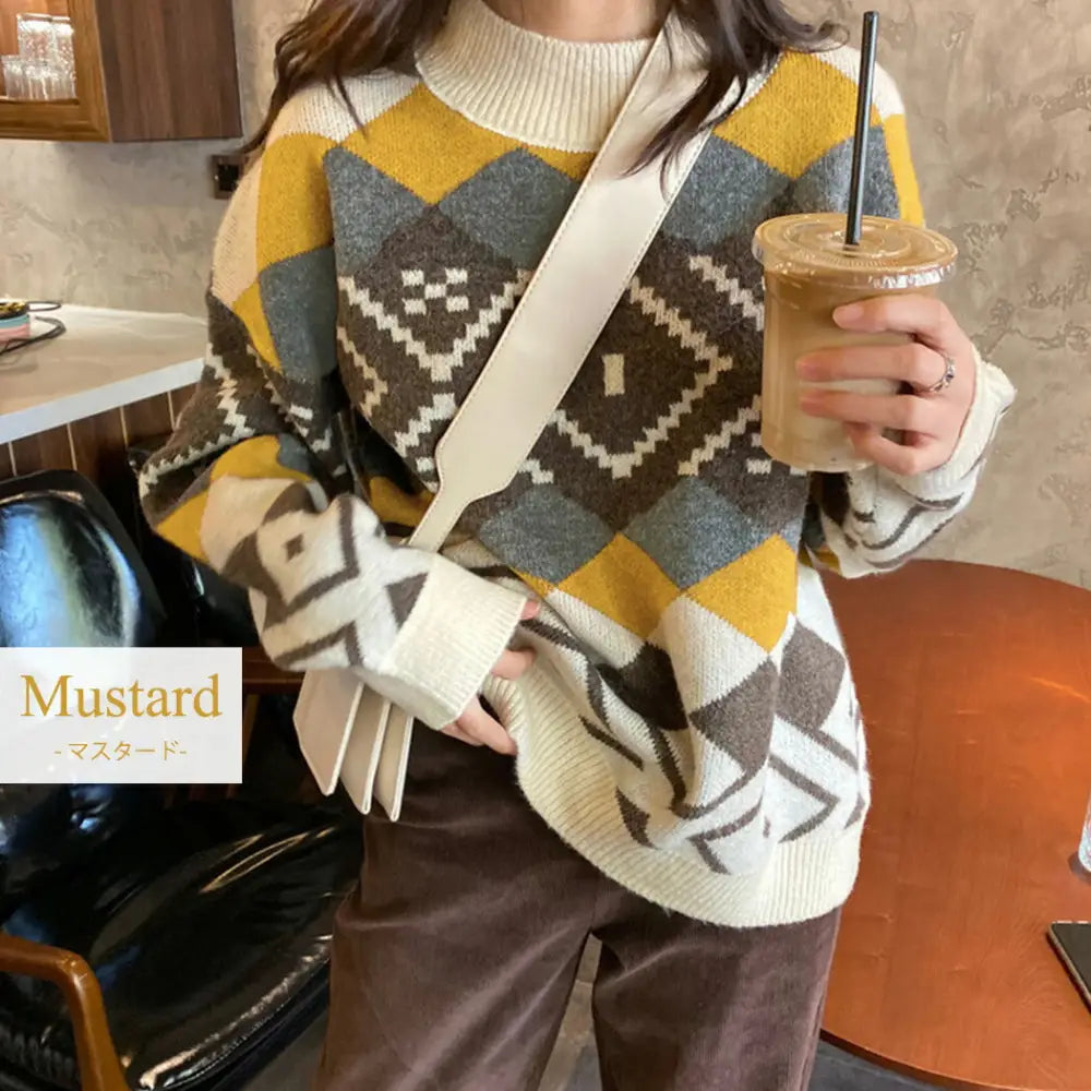 ニットセーター レディース 秋冬 トップス 長袖 ノルディック セーター 伸縮性 ストレッチ ゆったり リラックス プルオーバー ハイネック ニットソー ゆるニット ドロップショルダー 襟 裾 袖口 リブ ハーリキンチェック ID2823