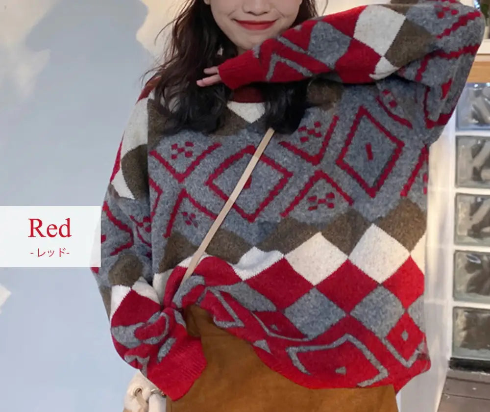 ニットセーター レディース 秋冬 トップス 長袖 ノルディック セーター 伸縮性 ストレッチ ゆったり リラックス プルオーバー ハイネック ニットソー ゆるニット ドロップショルダー 襟 裾 袖口 リブ ハーリキンチェック ID2823