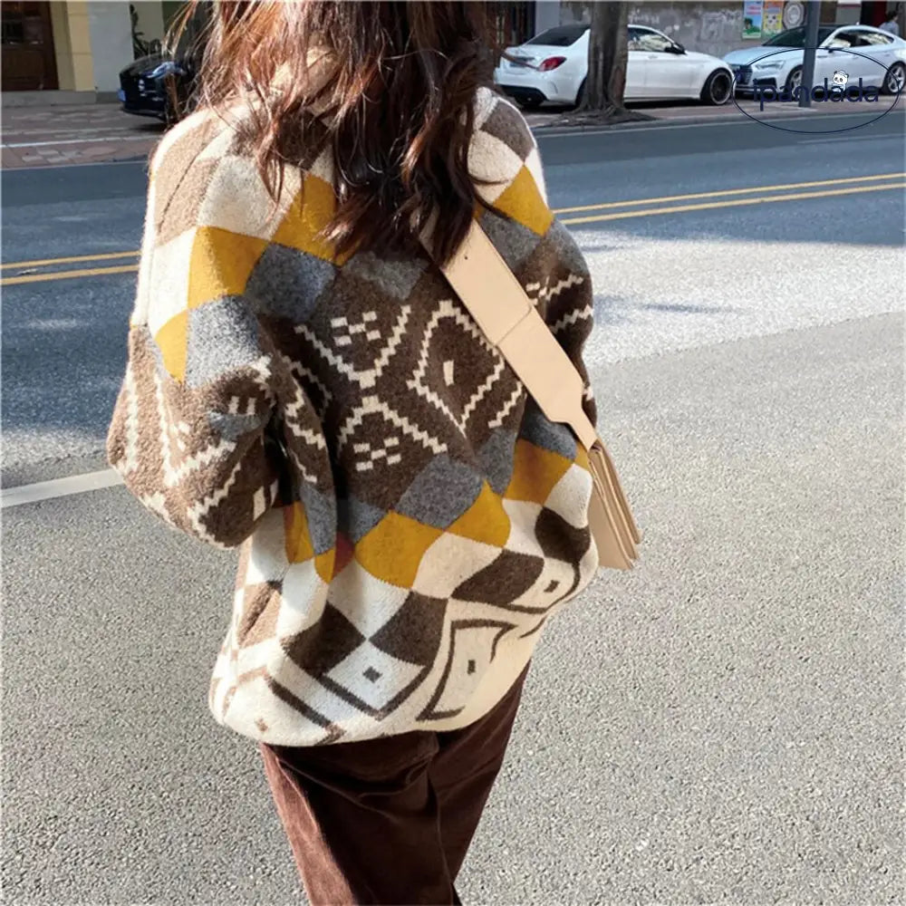 ニットセーター レディース 秋冬 トップス 長袖 ノルディック セーター 伸縮性 ストレッチ ゆったり リラックス プルオーバー ハイネック ニットソー ゆるニット ドロップショルダー 襟 裾 袖口 リブ ハーリキンチェック ID2823