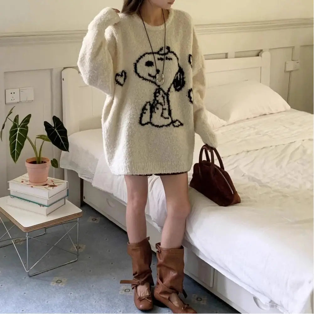 ニットセーター レディース トップス ルーズスタイル 可愛い ルームウェア スヌーピー 秋冬用 防寒 長袖 ゆったり プルオーバー チュニック クリスマスプレゼント ID3515 ホワイト / フリー 外出着＞トップス